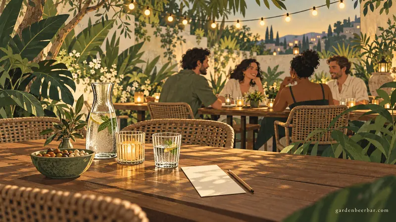 Illustrated adults chatting on a leafy terrace with string lights.