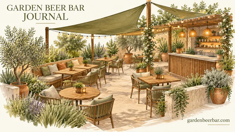 Wooden tables, chairs, plants and a service counter beneath olive canvas shade.