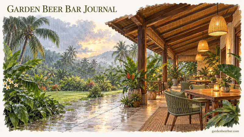 Covered wooden terrace with warm lamps beside a rain-soaked tropical garden.